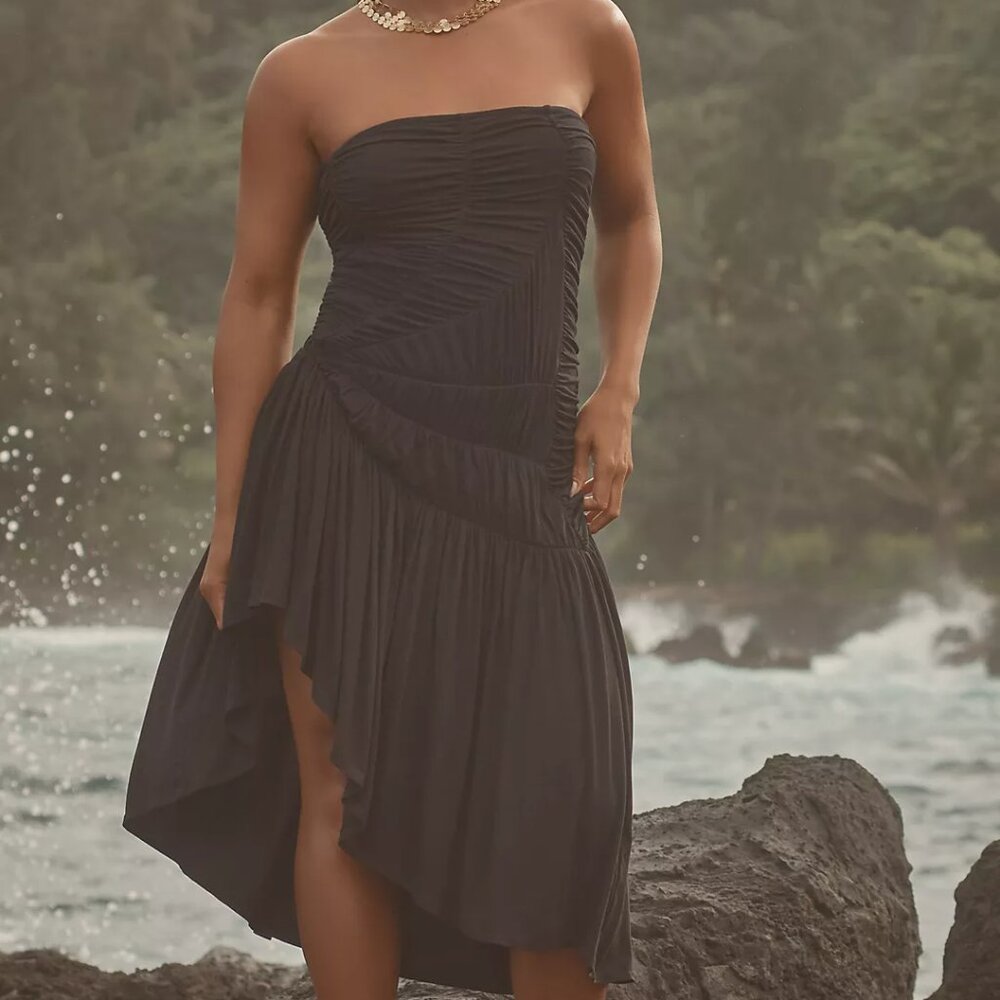 Anthropologie Strapless Ruched Asymmetrical Midi Dress in Black